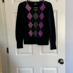 Apt. 9 Black cashmere Cardigan with Purple Argyle